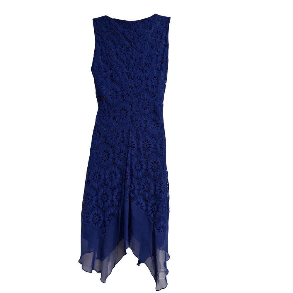 AUW Royal Blue Lace Handkerchief Hem Midi Dress Womens Sz 8 V-Neck - Picture 3 of 8